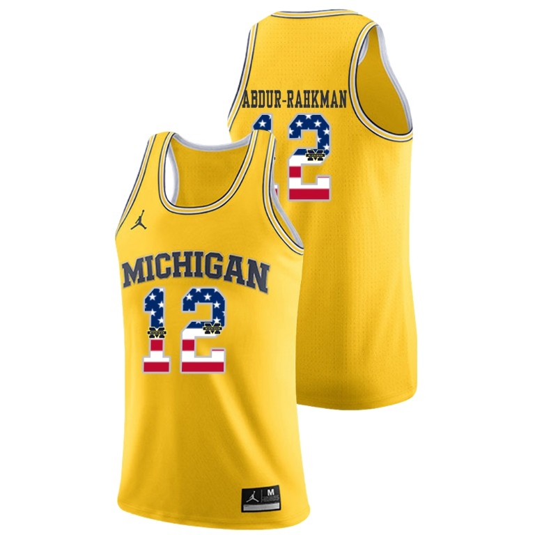 Michigan Wolverines Men's NCAA Muhammad-Ali Abdur-Rahkman #12 Yellow Jordan Brand USA Flag College Basketball Jersey IVC2749MG